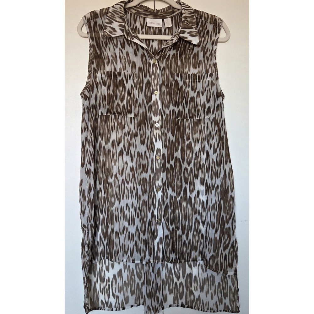 CHICO'S Women's Animal Print Sheer Tunic Sz2 (LG/12) Button Down Brown/White~EUC